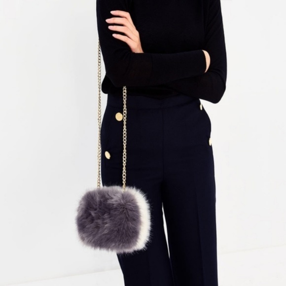 Zara Faux Fur Mini Clutch Bag Gray Cream NWT - Picture 2 of 5